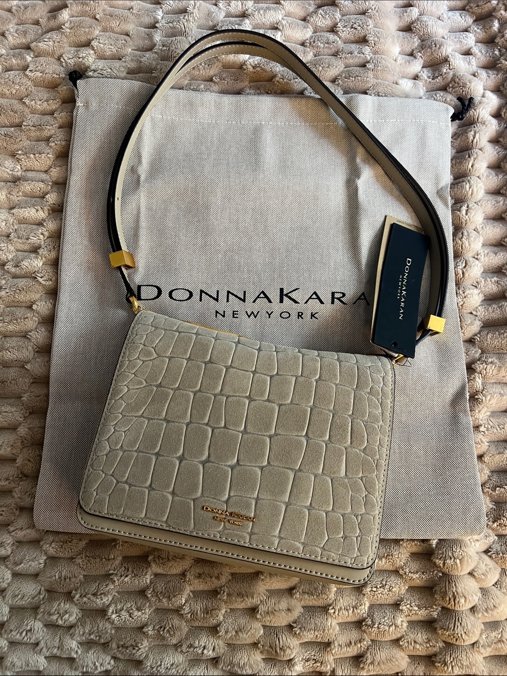 Donna Karan Taupe Croc-Embossed Shoulder Bag with Gold Hardware